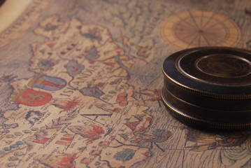 vintage shabby compass and old map