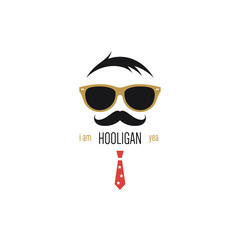 Icon of hooligan with sunglasses, mustache and red tie