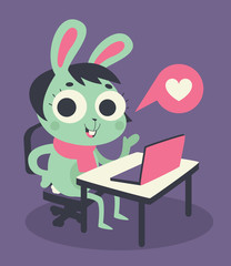 Cute Bunny Girl at Computer