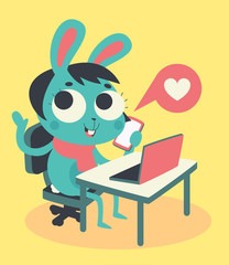 Cute Bunny Girl at Computer and Phone