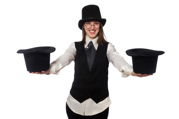 Woman magician isolated on the white