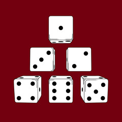 Six white cartoon-style dice cubes