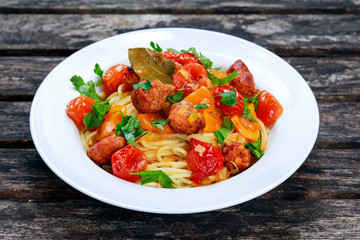 Sausage Pasta spaghetti with summer vegetables