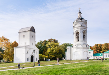 Fototapeta na wymiar St. George's bell tower and Water inlet tower in Kolomenskoe, Mo