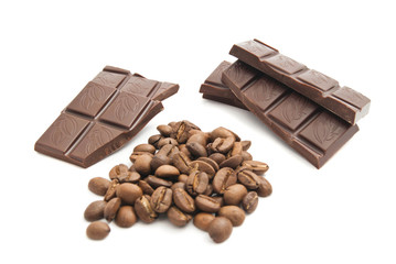 coffee beans and chocolate bar on white