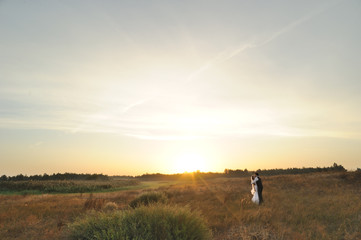 Obraz na płótnie Canvas Bride and Groom in the Field at Sunset