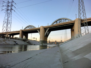 Los Angeles river bridge at dusk - landscape color photo