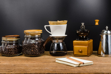 drip coffee tools and coffee bean