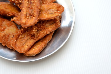 Close up fried bananas sprinkled sesame tasty traditional food