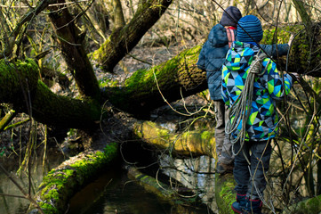 the boy crossed the river on a log