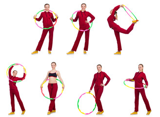 Woman doing exercises with hula hoop