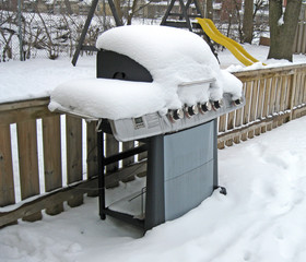 A backyard barbecue covered in snow.