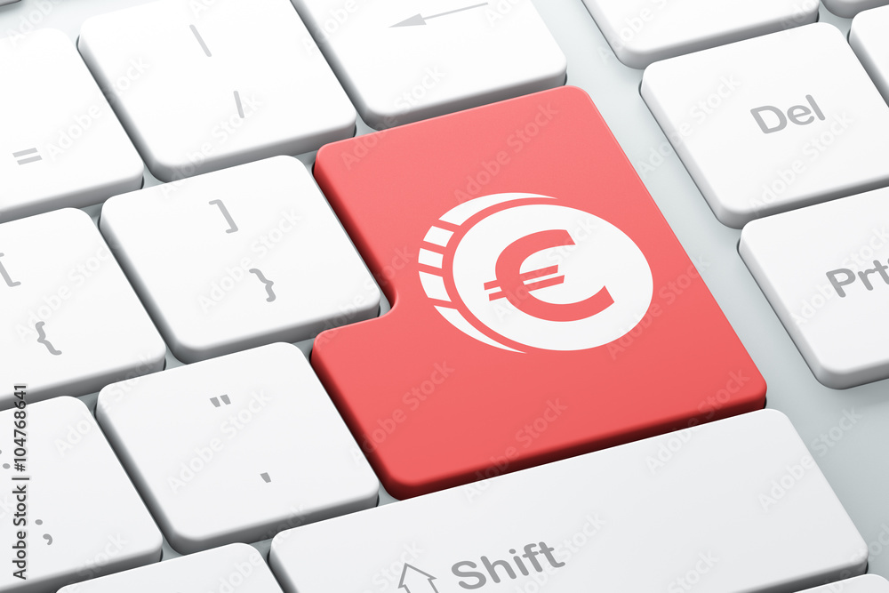 Poster banking concept: euro coin on computer keyboard background