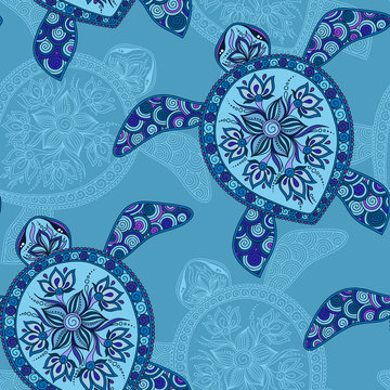 Seamless pattern with turtles.  Indian mehndi style