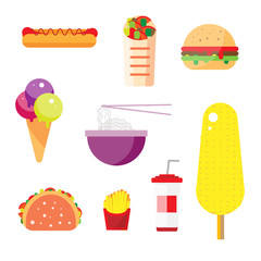 Street city food flat design. Fast food isolated icon set, burger snack corn vector illustration. Chinese rice noodles, Indian tacos, Mexican burritos. The icons for the menu, site, banner, booklet