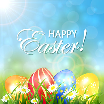 Spring background with colored Easter eggs