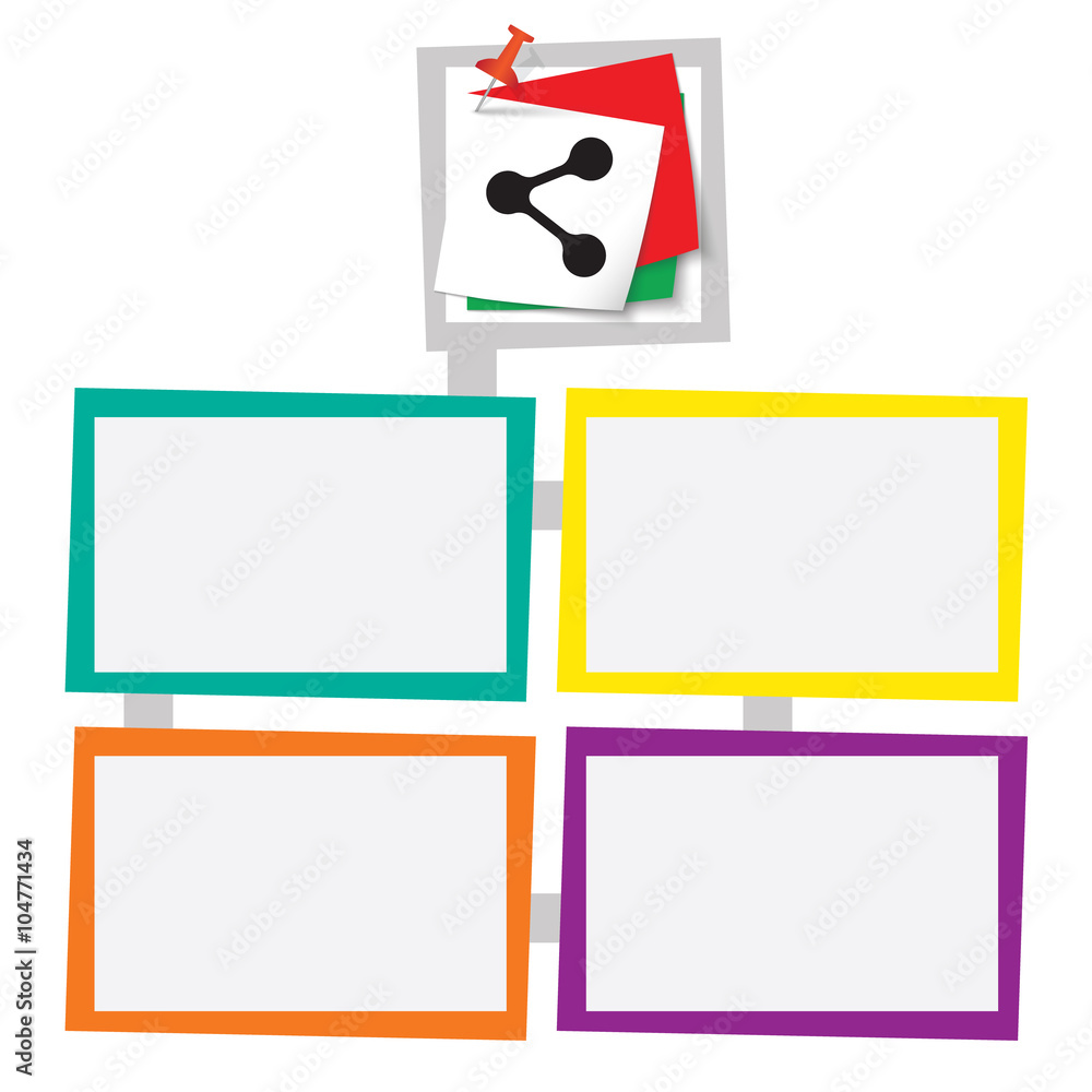 Aufkleber four colored frames for your text with pushpin and share icon