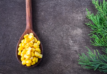  Green branch  and wooden spoon full of sweet corn on gray background  © kemilii