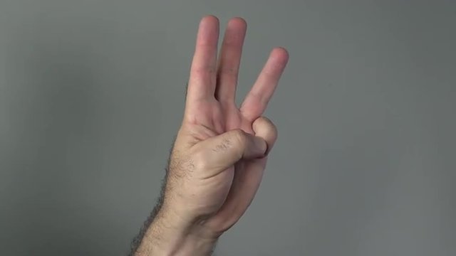 Man hand count to five on a grey background. Concepts and ideas with copy space
