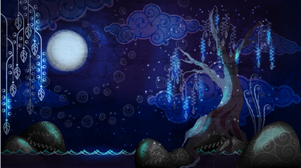 Cartoon seascape with moon and tree © Black Spring