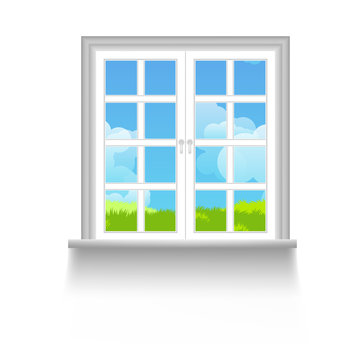 Window with sky, clouds and grass outside