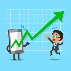 Cartoon smartphone help businessman to make more profitable