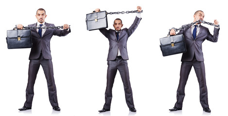 Businessman with shackles on white