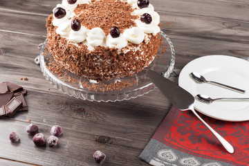 Black forest cake decorated with whipped cream and cherries. 
