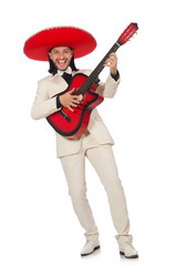 Funny mexican in suit holding guitar isolated on white