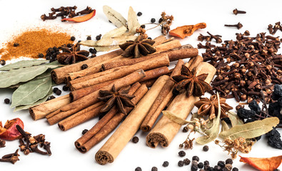 Variety of spices on a white background