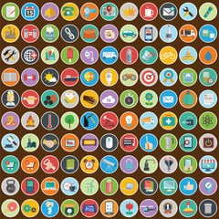 Flat icons design modern vector illustration big set of various financial service items, web and technology development, business management symbol, marketing items and office equipment on background