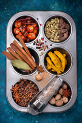 Various spices and spicy. top view