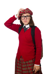 Fototapeta premium Girl in scottish tartan clothing isolated on white