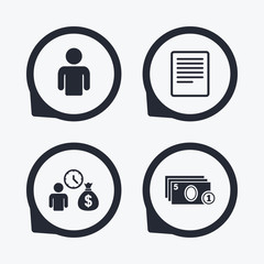 Bank loans icons. Fill document and get money.