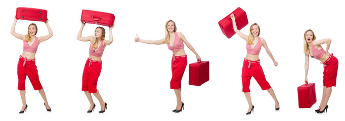 Travelling woman with suitcase isolated on white