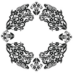 Richelieu embroidery stitches inspired lace pattern with floral elements: leaves, swirl, leaves in black and white in lace in oval baroque frame