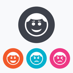 Circle smile face icons. Happy, sad, cry.