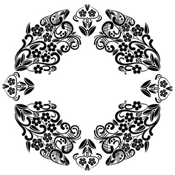 Richelieu embroidery stitches inspired lace pattern with floral elements: leaves, swirl, leaves in black and white in lace in oval baroque frame