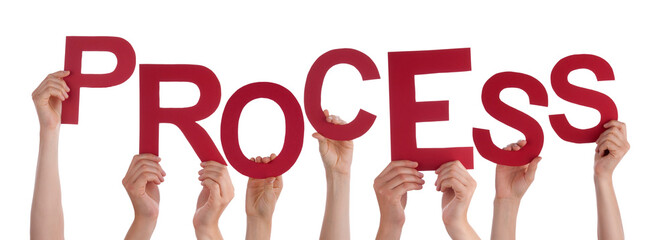 Many People Hands Holding Red Word Process