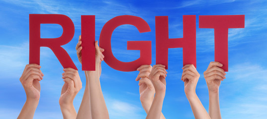 Many People Hands Holding Red Straight Word Right Blue Sky
