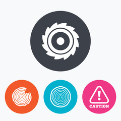 Wood and saw circular wheel icons. Attention.
