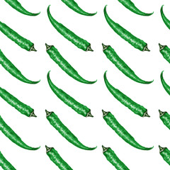 Fresh watercolor green chili pepper illustration. Seamless vector pattern.