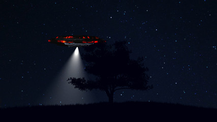 Fototapeta na wymiar UFO behind Lonely Tree under Amazing Night Sky