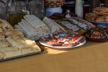 Sandwiches,drinks and pancakes