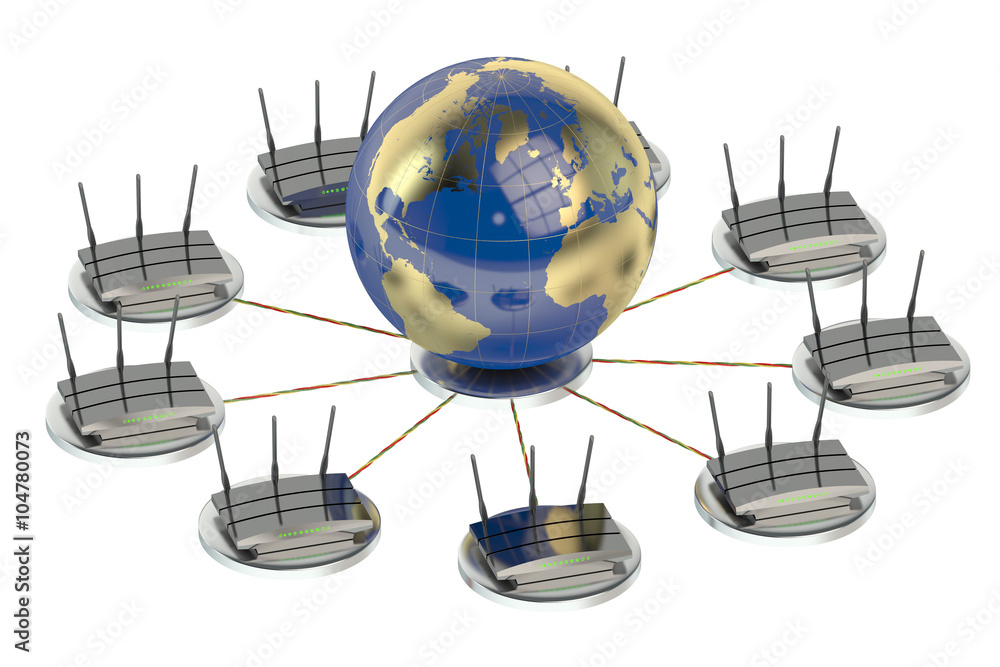 Poster networking computing concept with globe and routers
