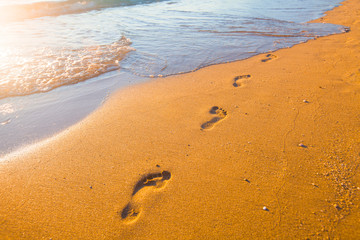 beach, wave and footprints at sunset time
