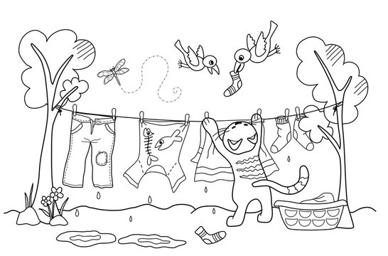 Katze h&auml;ngt W&auml;sche auf (Malvorlage)