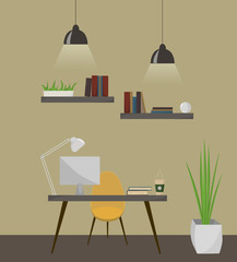 Illustration modern workplace in room. Creative office workspace. Flat minimalistic style. vector