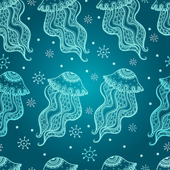 Seamless pattern with jellyfish. Color marine seamless pattern, endless texture of sea world. Can be used for wallpaper, pattern fills, web page background,surface textures.
