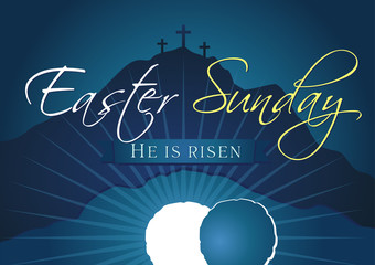 Fototapeta premium Easter sunday holy week navy blue banner. Template invitation to an Easter Sunday service in the form of rolled away from the tomb stone on a background of Calvary with three crosses